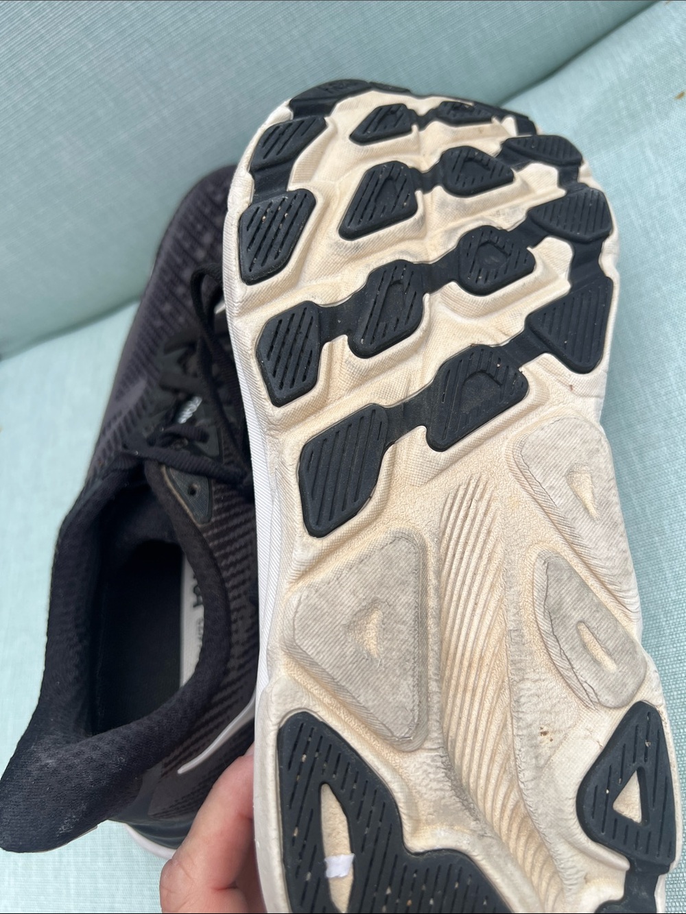 Hoka Black and White Clifton 9 Cushioned Running Shoes - Picture 4 of 5